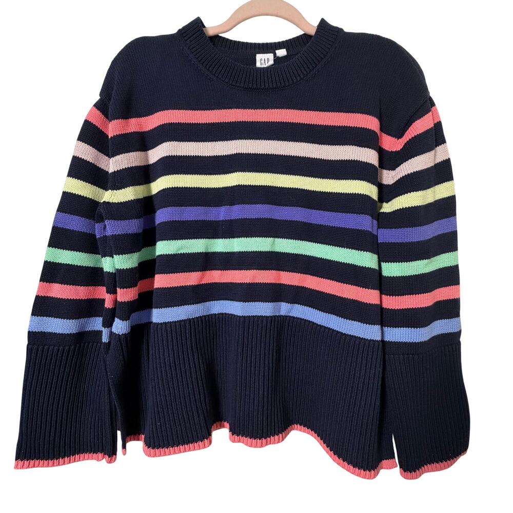 XS Gap 24/7 Rainbow Stripe Sweater Navy Split Hem Crewneck Colorful Preppy Pride - Picture 2 of 8